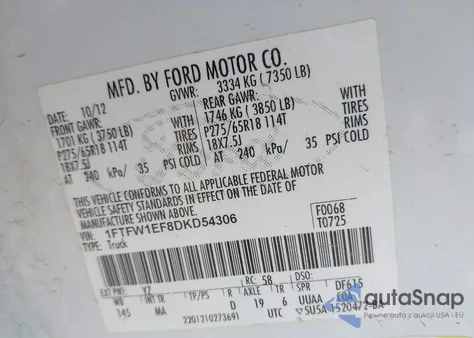 2013 Ford F-150 Xlt z USA, uszkodzony, nr VIN 1FTFW1EF8DKD54306